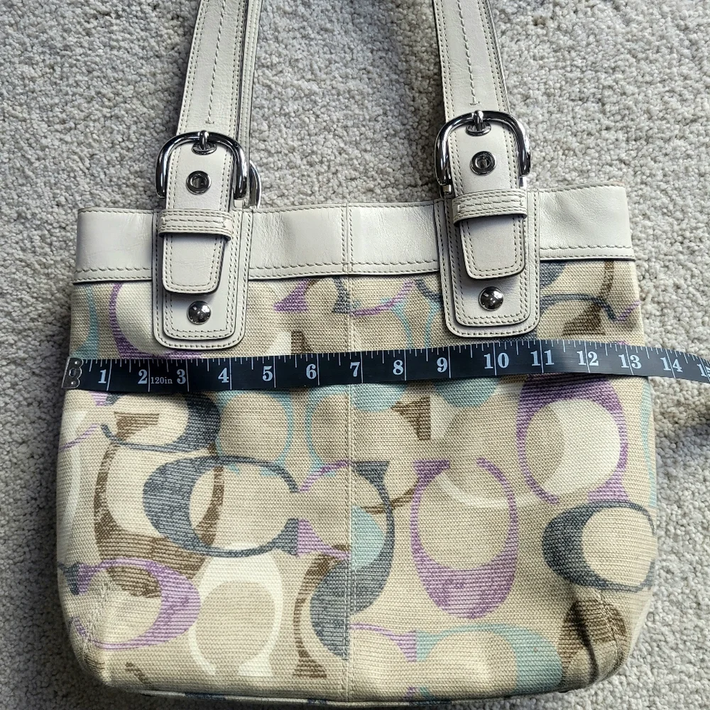 Coach Soho Linen Op Art Tote #16591 White Leather Purple Satin Interior - Picture 6 of 14